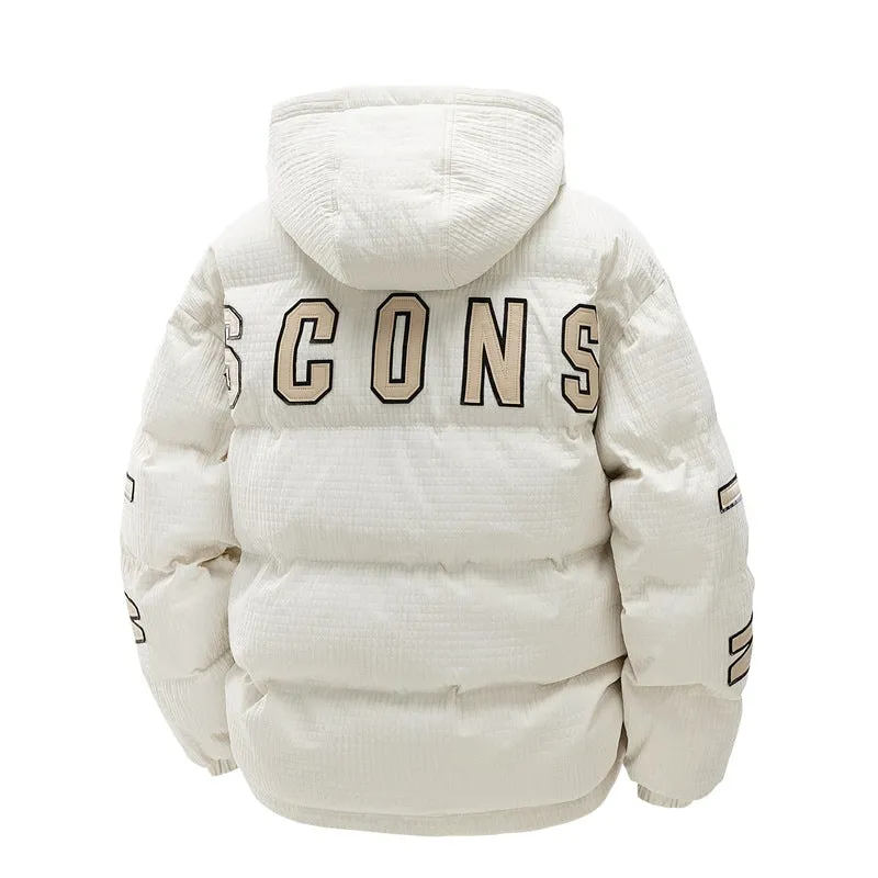 Men's black Korean style hooded winter coat with letter print detail and side pockets