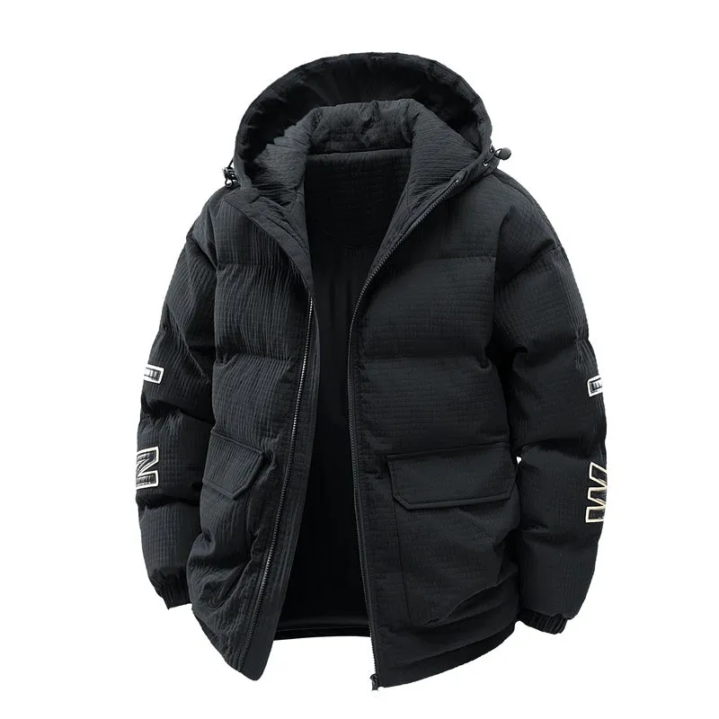 Men's black Korean style hooded winter coat with letter print detail and side pockets