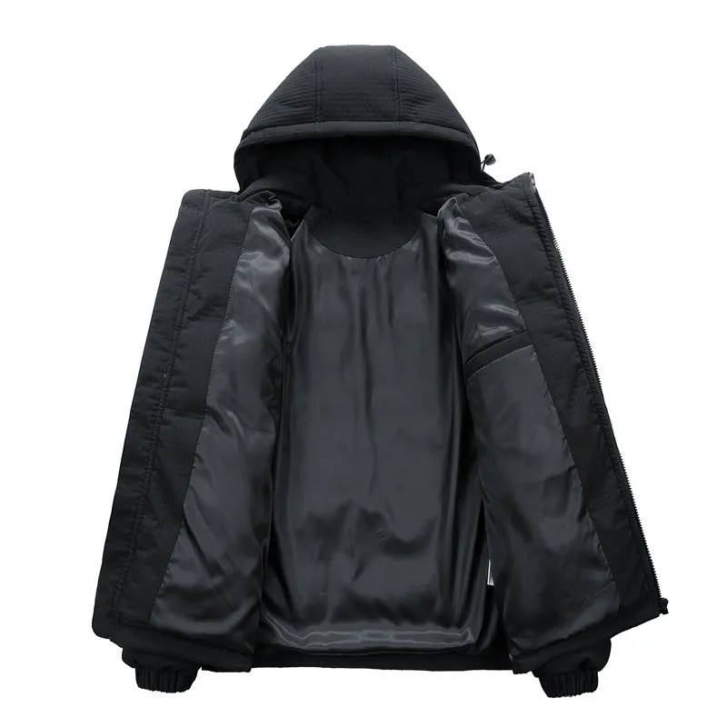 Men's black Korean style hooded winter coat with letter print detail and side pockets