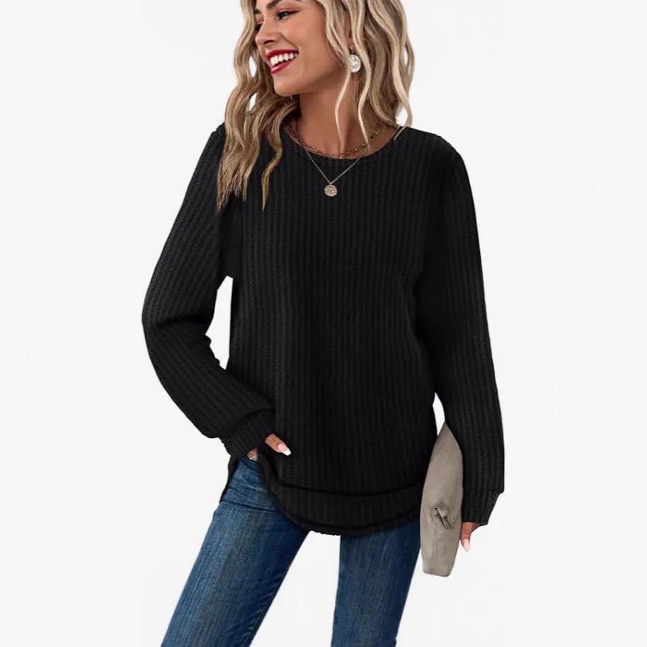 Waffle Loose Round Neck High and Low Curved Hem Top in Solid Colour Pullover with Plaid Pattern for Casual Commute Wear Available in Dark Khaki Gray Sea Blue Dark Purple Green Sizes S M L XL XXL