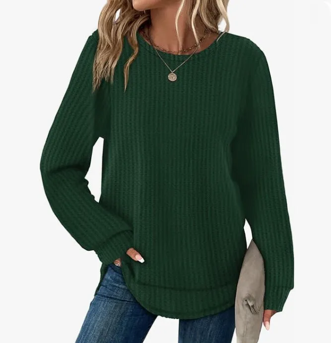 Waffle Loose Round Neck High and Low Curved Hem Top in Solid Colour Pullover with Plaid Pattern for Casual Commute Wear Available in Dark Khaki Gray Sea Blue Dark Purple Green Sizes S M L XL XXL