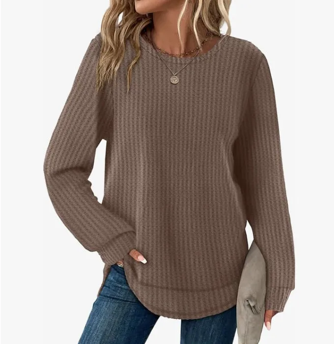 Waffle Loose Round Neck High and Low Curved Hem Top in Solid Colour Pullover with Plaid Pattern for Casual Commute Wear Available in Dark Khaki Gray Sea Blue Dark Purple Green Sizes S M L XL XXL