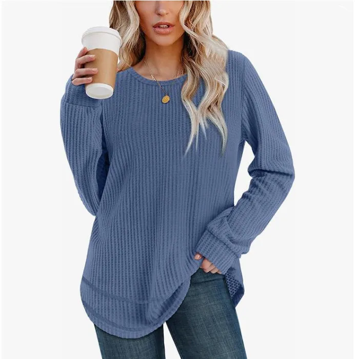 Waffle Loose Round Neck High and Low Curved Hem Top in Solid Colour Pullover with Plaid Pattern for Casual Commute Wear Available in Dark Khaki Gray Sea Blue Dark Purple Green Sizes S M L XL XXL