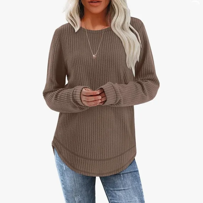 Waffle Loose Round Neck High and Low Curved Hem Top in Solid Colour Pullover with Plaid Pattern for Casual Commute Wear Available in Dark Khaki Gray Sea Blue Dark Purple Green Sizes S M L XL XXL