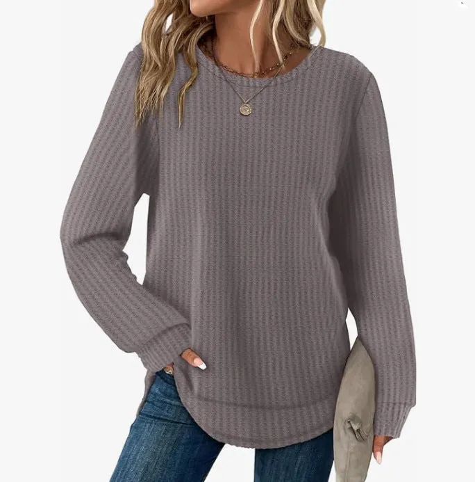 Waffle Loose Round Neck High and Low Curved Hem Top in Solid Colour Pullover with Plaid Pattern for Casual Commute Wear Available in Dark Khaki Gray Sea Blue Dark Purple Green Sizes S M L XL XXL