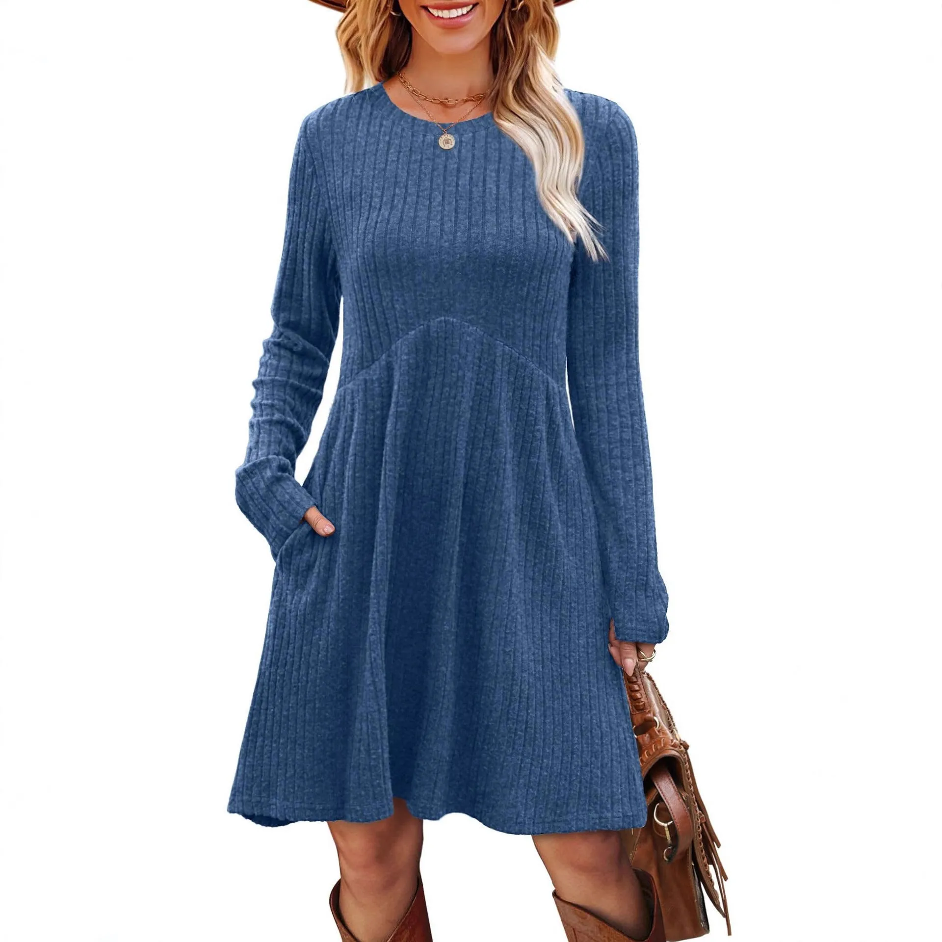 Women's bohemian brushed sunken stripe solid colour princess mid dress with wide waist, seven colours available
