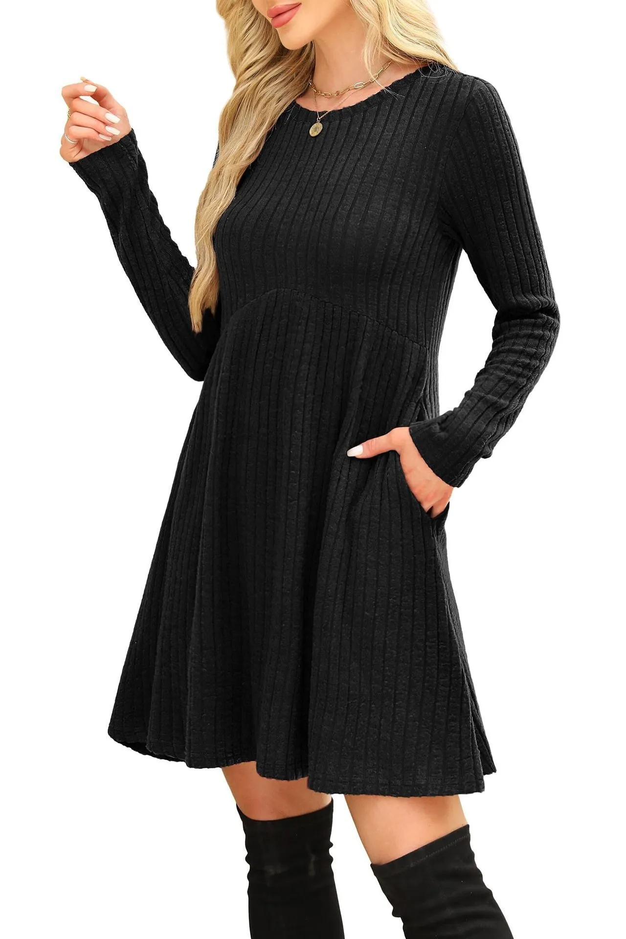 Women's bohemian brushed sunken stripe solid colour princess mid dress with wide waist, seven colours available