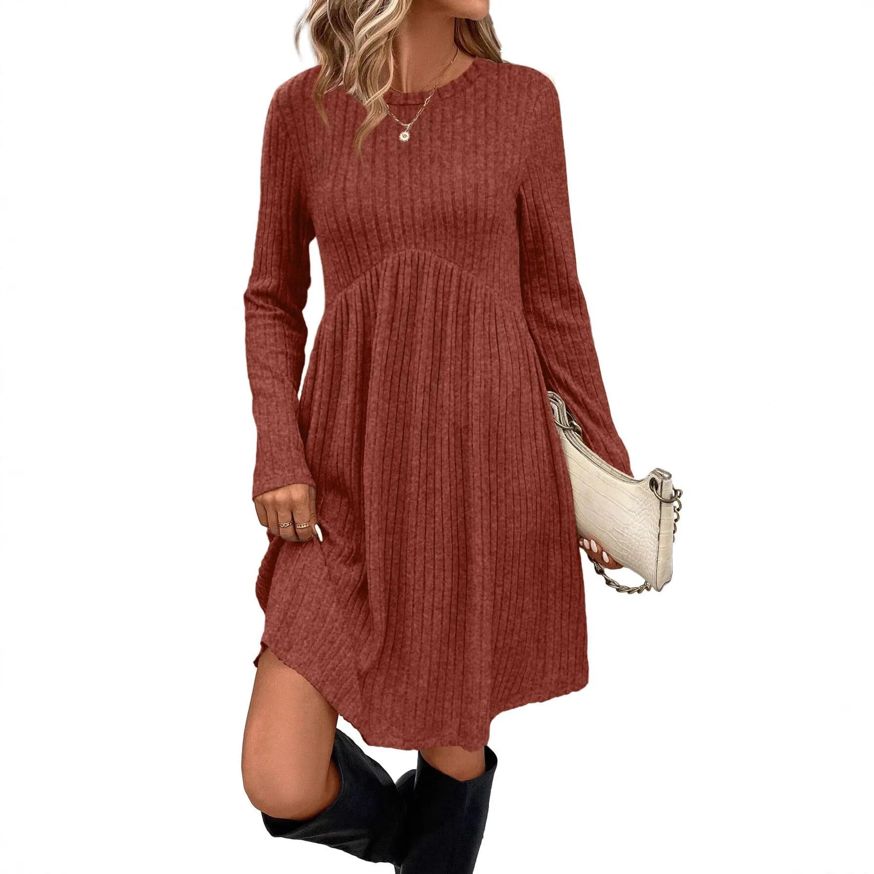 Women's bohemian brushed sunken stripe solid colour princess mid dress with wide waist, seven colours available