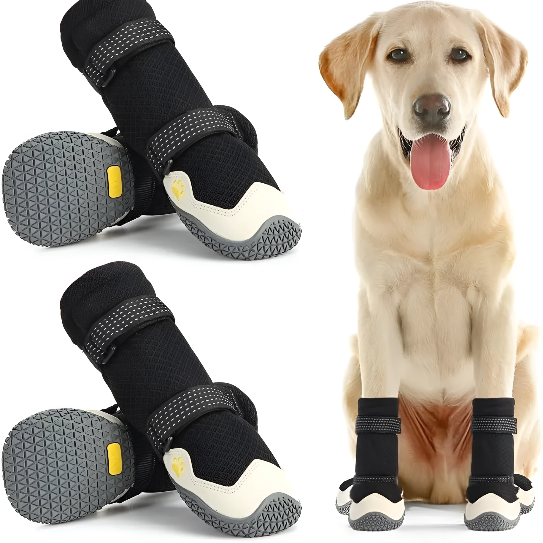 Soft-soled no heel slippage dog shoes in black cloth grey, waterproof rubber boots for medium large dogs