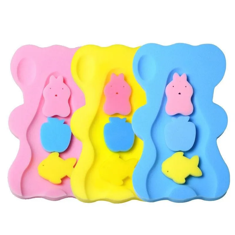 Yellow baby bath mat made of polyurethane sponge, 4.7 cm thick, on white background