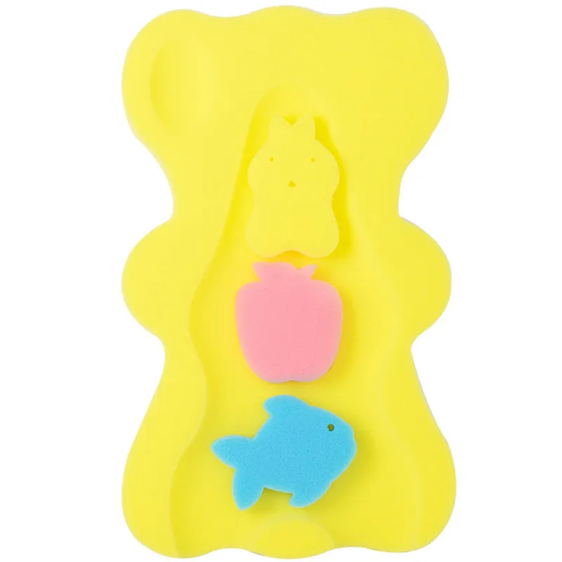 Yellow baby bath mat made of polyurethane sponge, 4.7 cm thick, on white background