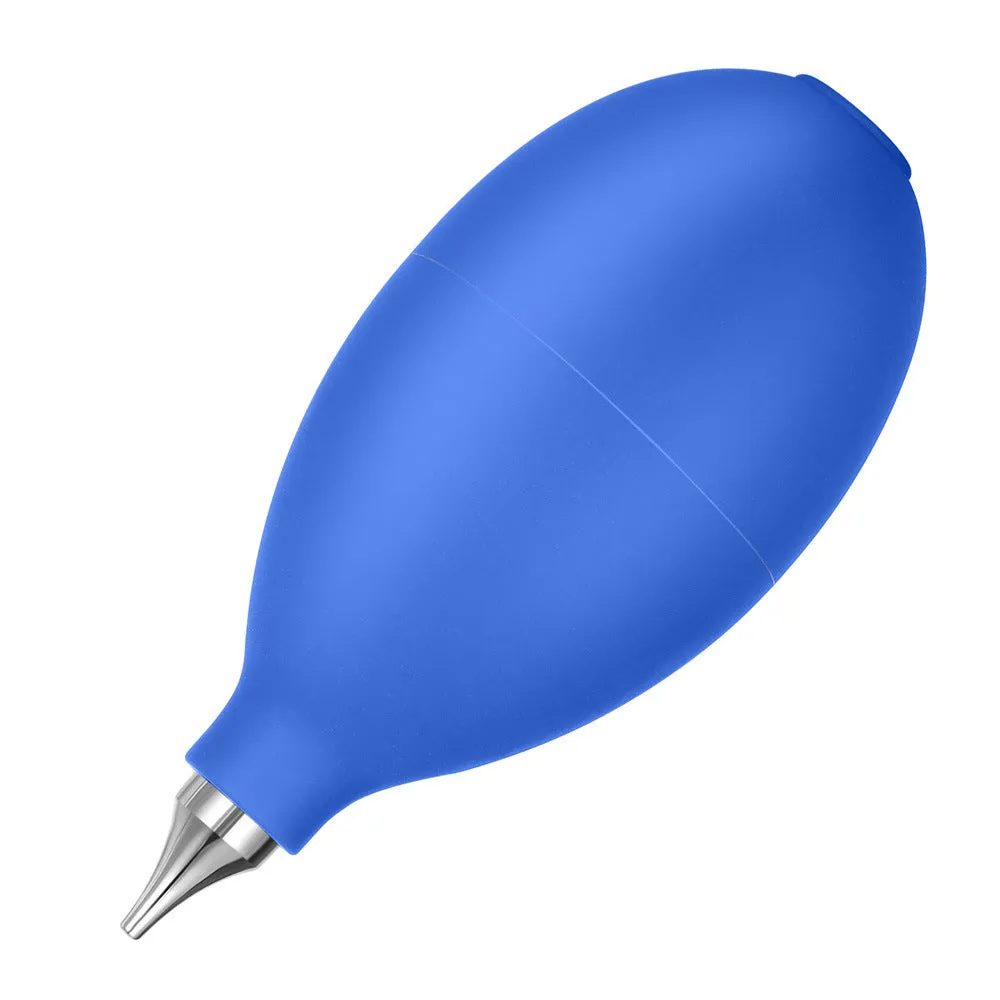 Blue rubber manual air blower dust removal tool for cleaning camera lenses and mobile phones.