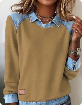 Denim collar long sleeve pullover patchwork knitwear top in solid colour street fashion style, polyester fibre, multiple colour options