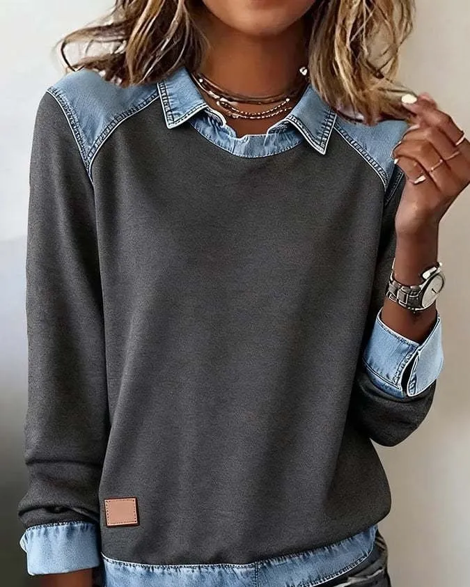 Denim collar long sleeve pullover patchwork knitwear top in solid colour street fashion style, polyester fibre, multiple colour options