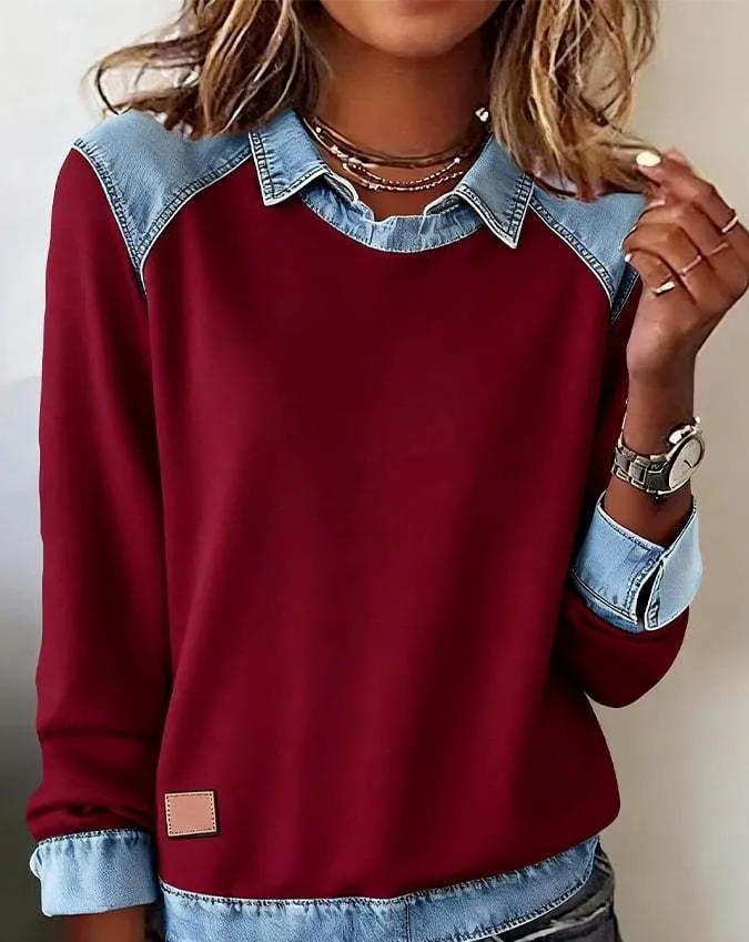 Denim collar long sleeve pullover patchwork knitwear top in solid colour street fashion style, polyester fibre, multiple colour options