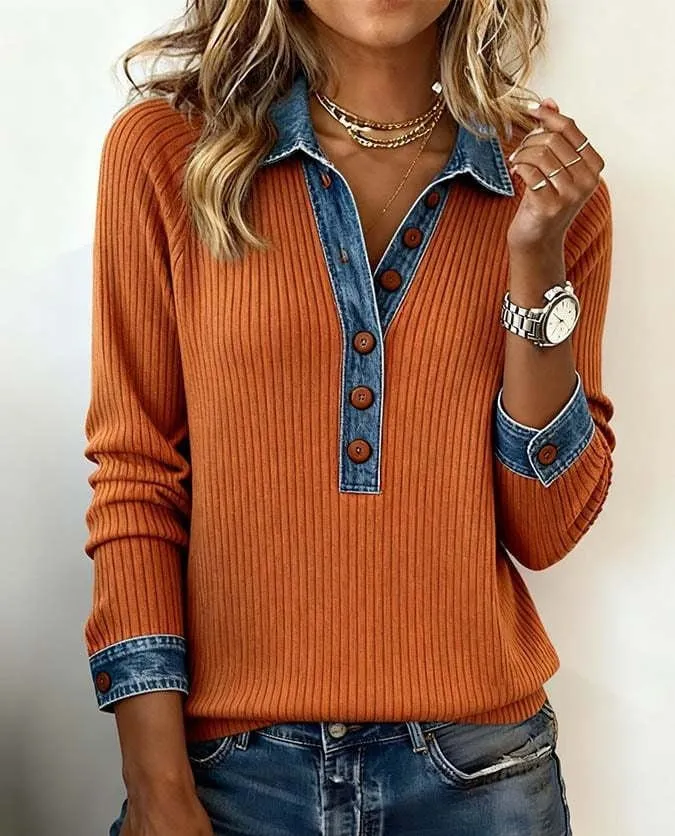Denim collar long sleeve pullover patchwork knitwear top in solid colour street fashion style, polyester fibre, multiple colour options
