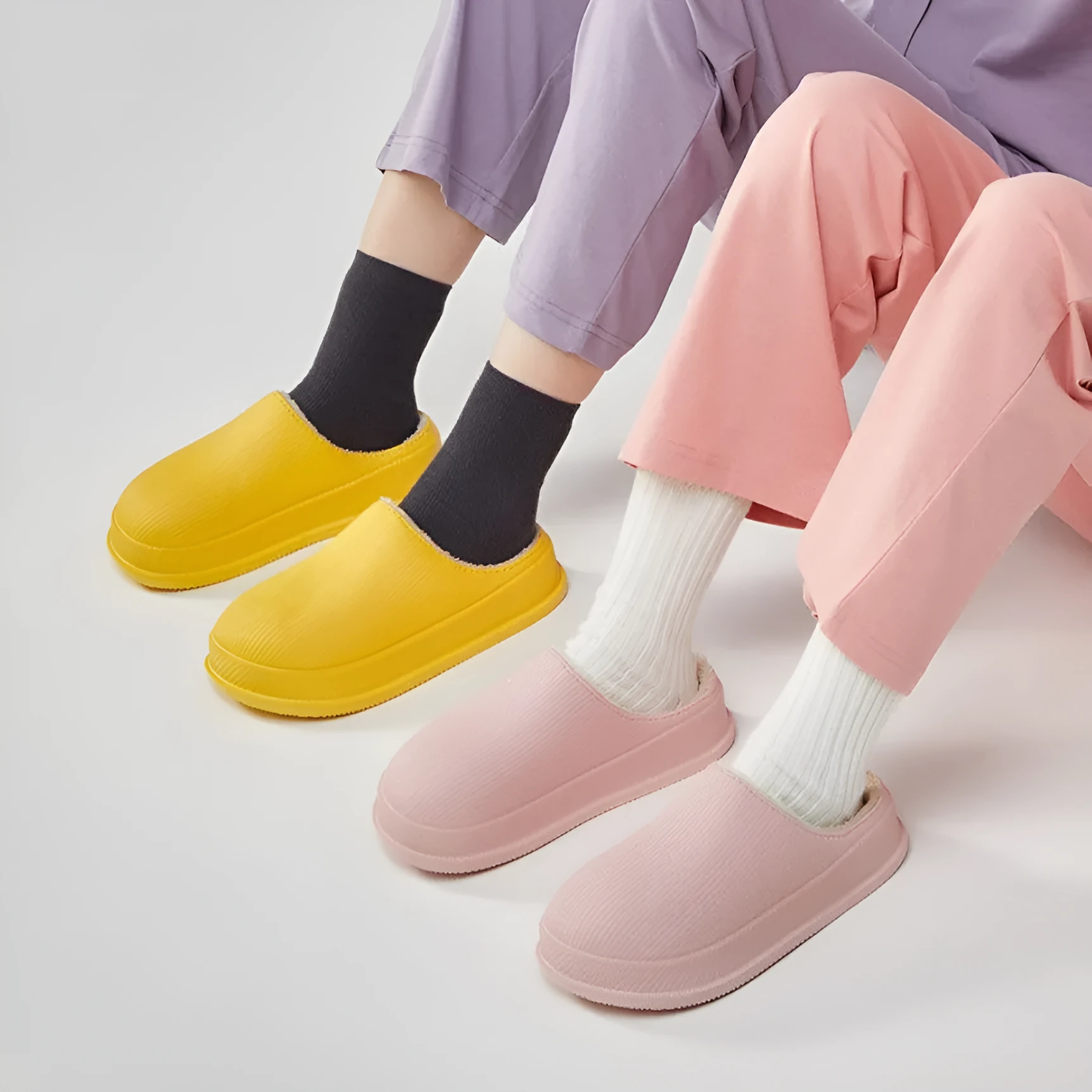 Warm cotton slippers with waterproof EVA sole in caramel colour, flat heel, available in large sizes for men and women