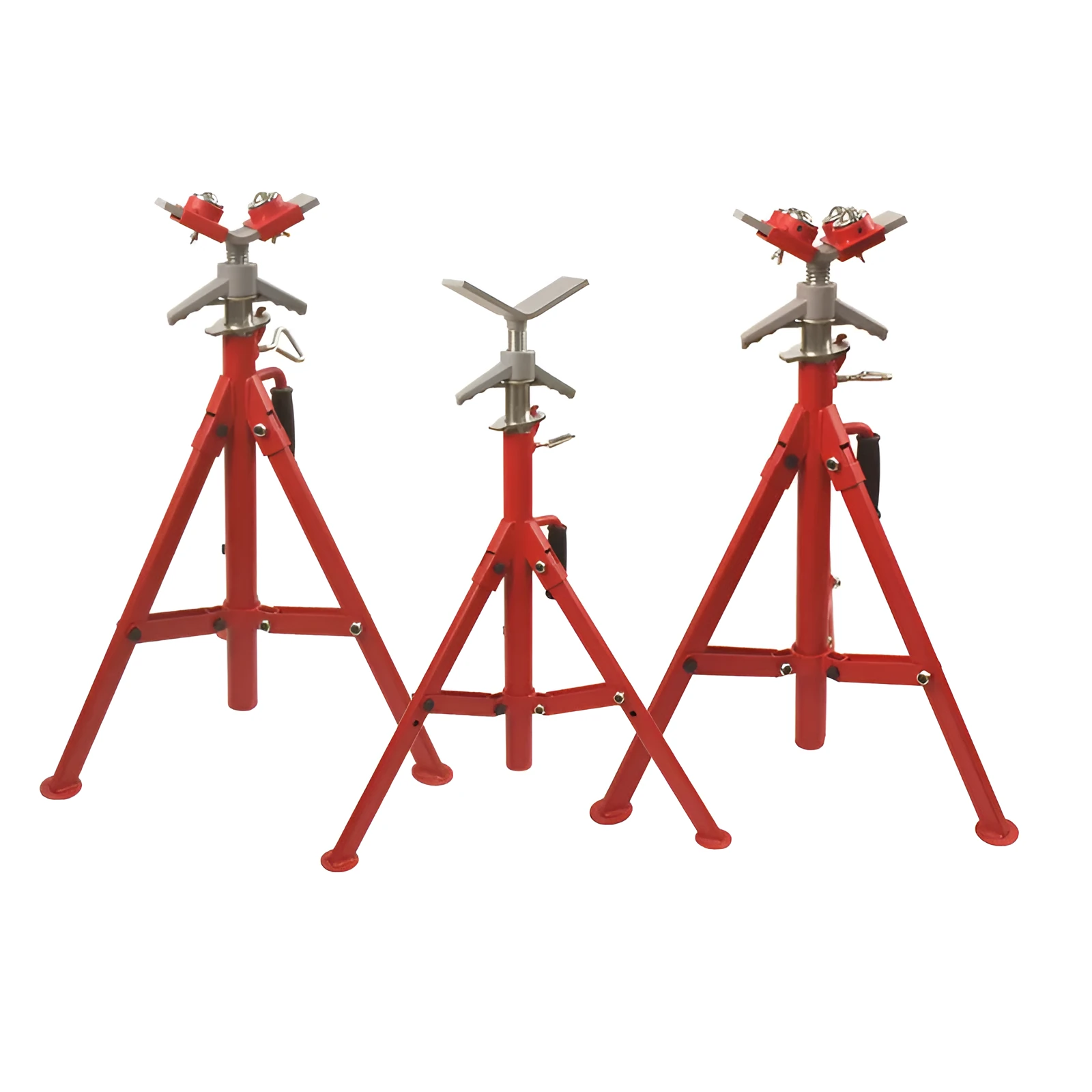 Metal V-head pipe support bracket for steel pipes, showing high and low height options with ball joints.