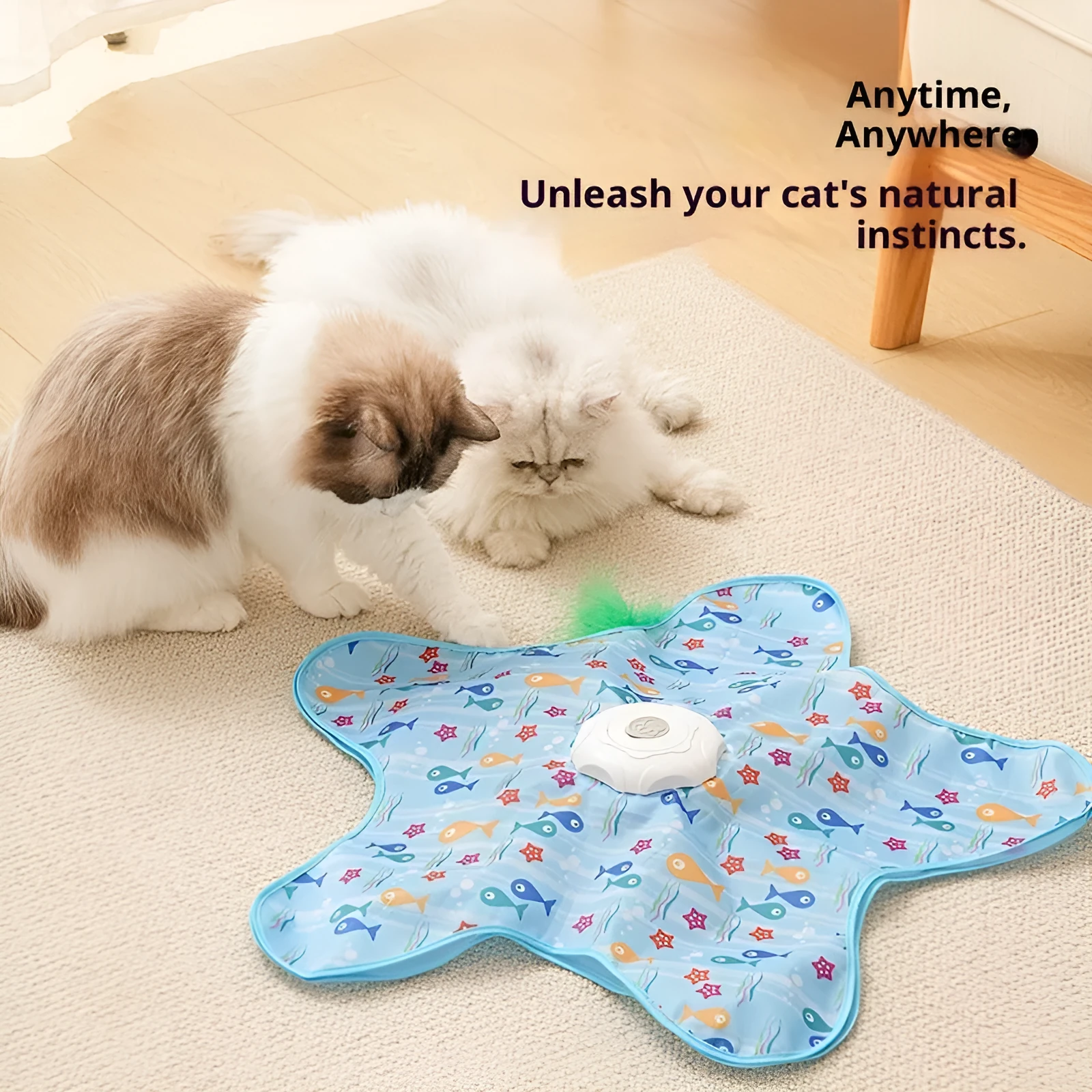 Blue-fish electric cat toy with smart hunting cover on floor