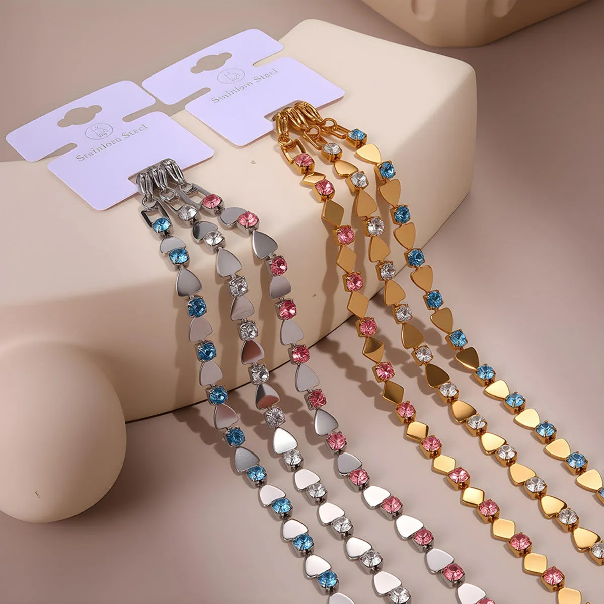 Women's stainless steel bracelet with 18K electroplating and geometric colour zircon stones, NMSB-J737-1