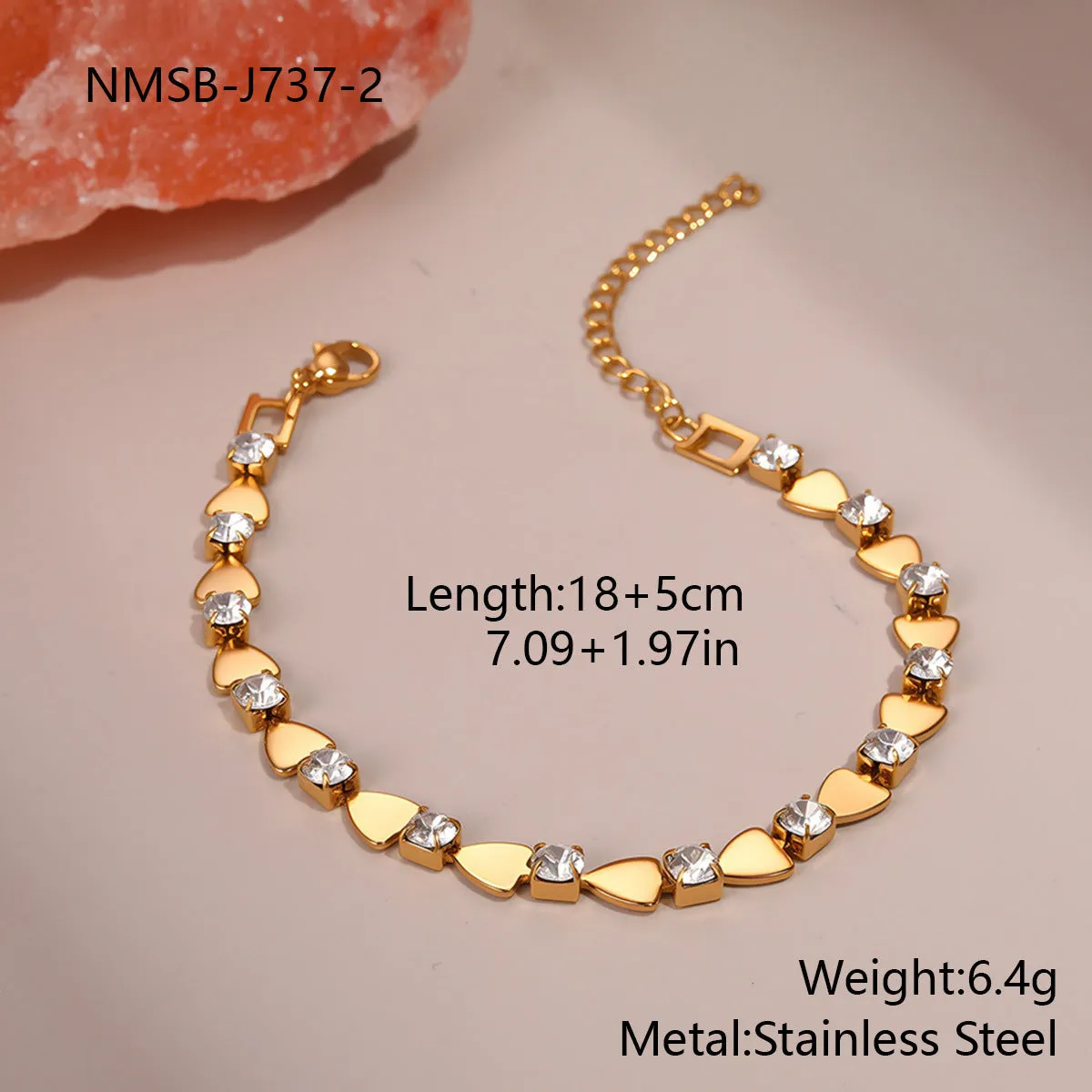 Women's stainless steel bracelet with 18K electroplating and geometric colour zircon stones, NMSB-J737-1