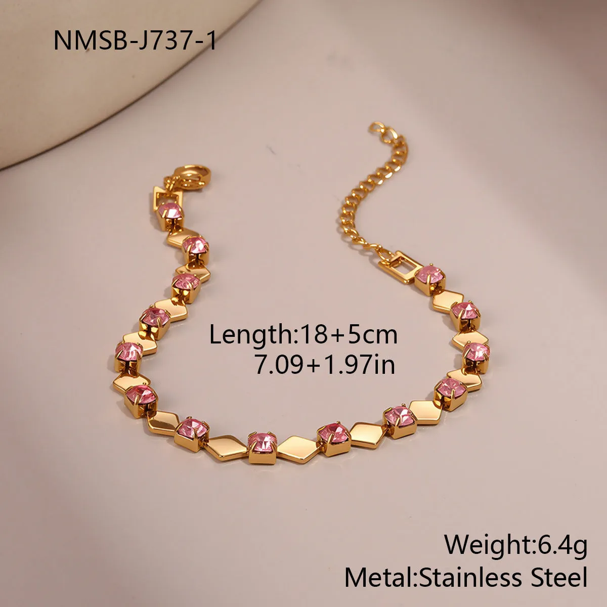 Women's stainless steel bracelet with 18K electroplating and geometric colour zircon stones, NMSB-J737-1