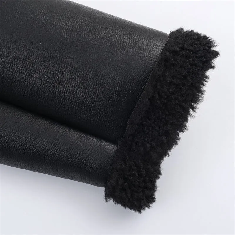 Women's double-sided fleece jacket in black with PU fabric, medium thickness, casual style, size S