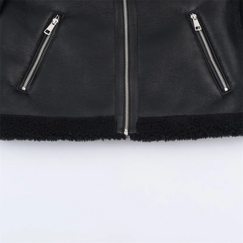 Women's double-sided fleece jacket in black with PU fabric, medium thickness, casual style, size S