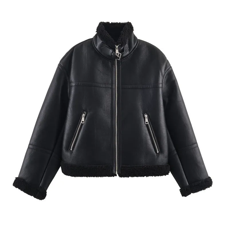 Women's double-sided fleece jacket in black with PU fabric, medium thickness, casual style, size S