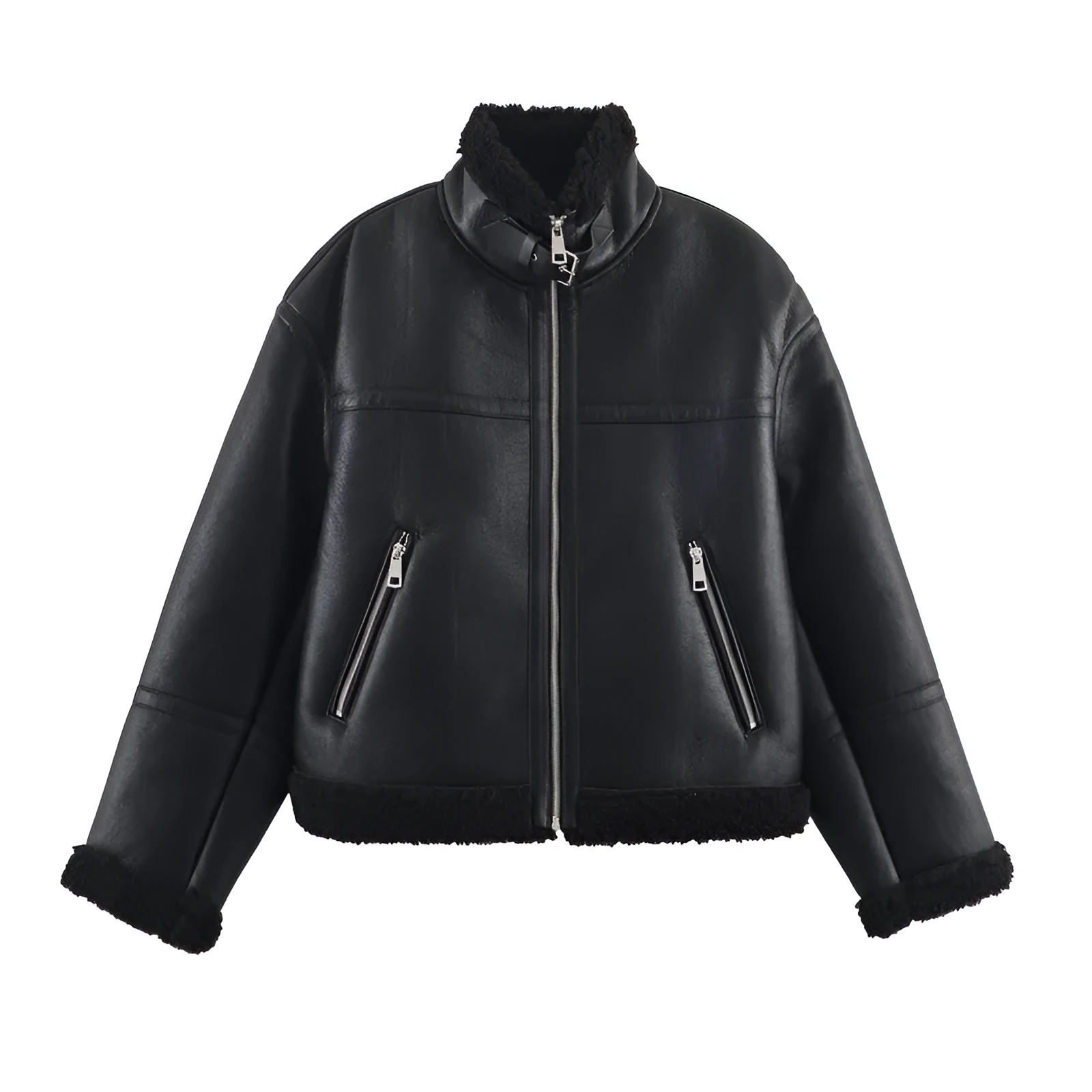 Women's double-sided fleece jacket in black with PU fabric, medium thickness, casual style, size S