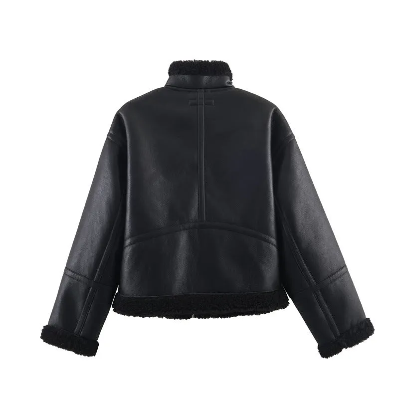 Women's double-sided fleece jacket in black with PU fabric, medium thickness, casual style, size S