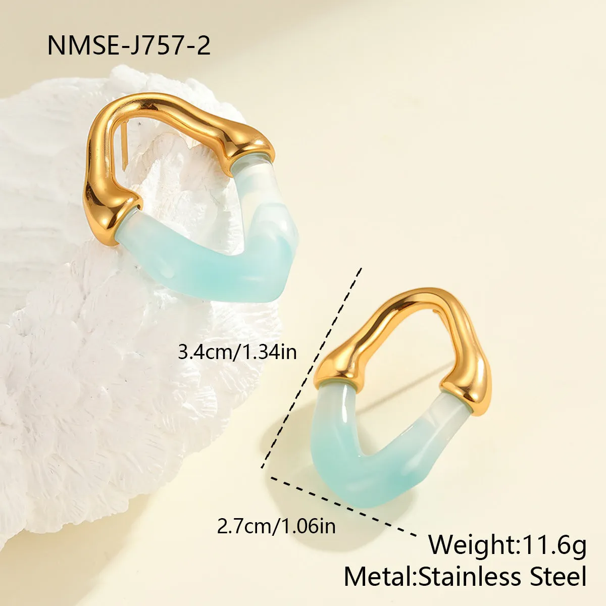 Stainless steel earrings with pink resin stitching and 18K gold plating