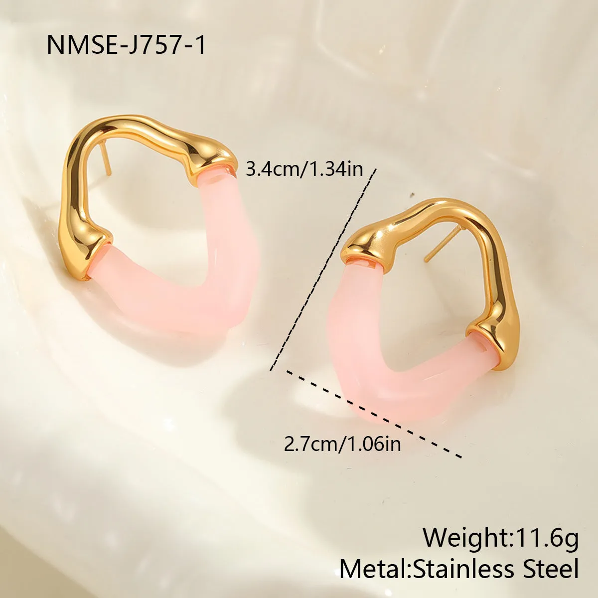 Stainless steel earrings with pink resin stitching and 18K gold plating