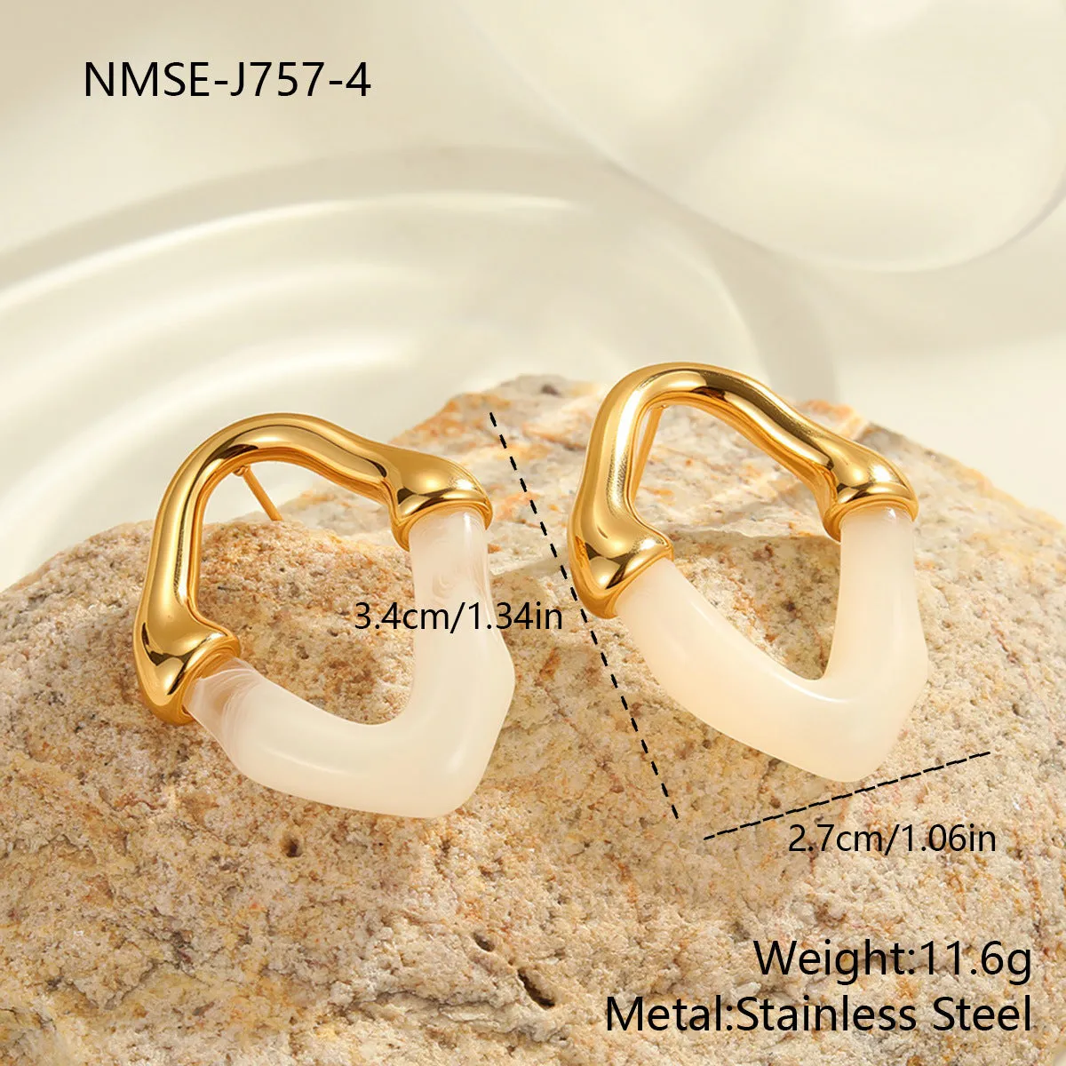 Stainless steel earrings with pink resin stitching and 18K gold plating