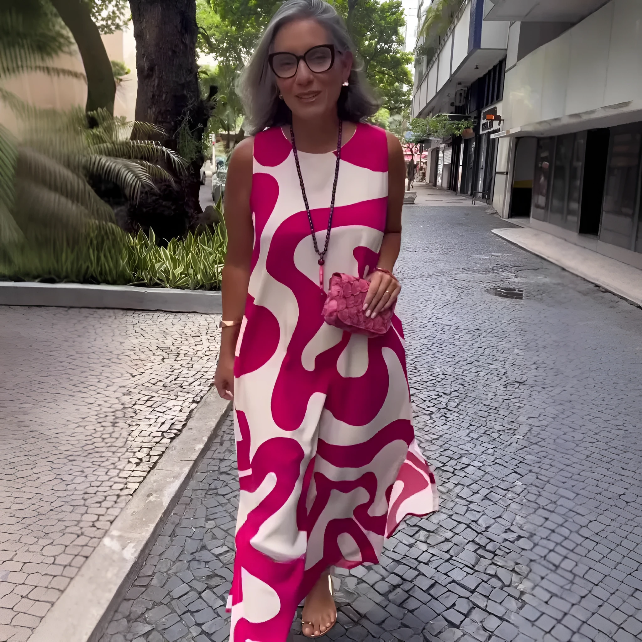 New V-neck printed sleeveless casual dress for women in rose red with A-line skirt