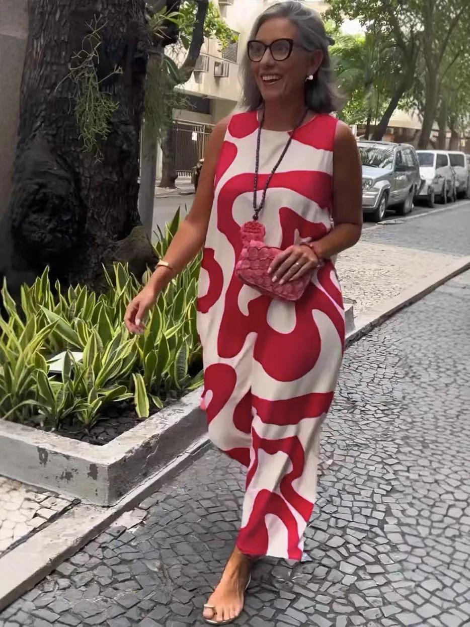 New V-neck printed sleeveless casual dress for women in rose red with A-line skirt