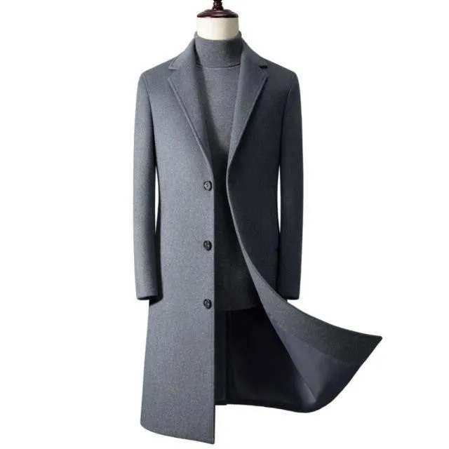Men's slim fit wool trench coat in black from the front