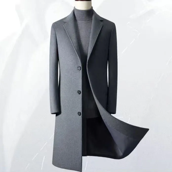 Men's slim fit wool trench coat in black from the front
