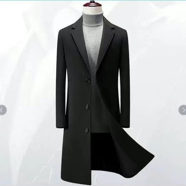 Men's slim fit wool trench coat in black from the front
