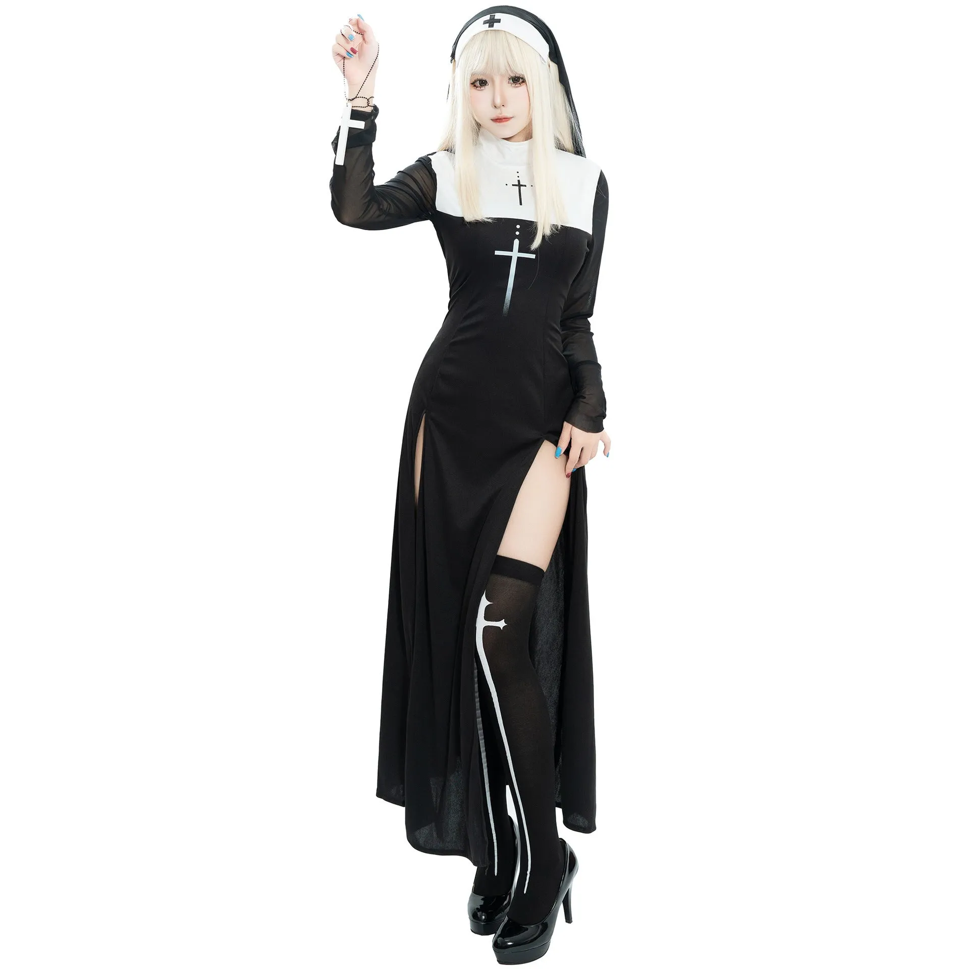 Black polyester women's nun costume dress with long sleeves for Halloween or cosplay