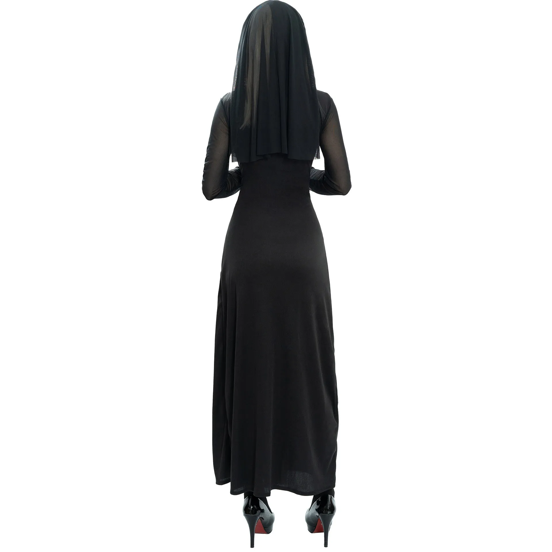 Black polyester women's nun costume dress with long sleeves for Halloween or cosplay