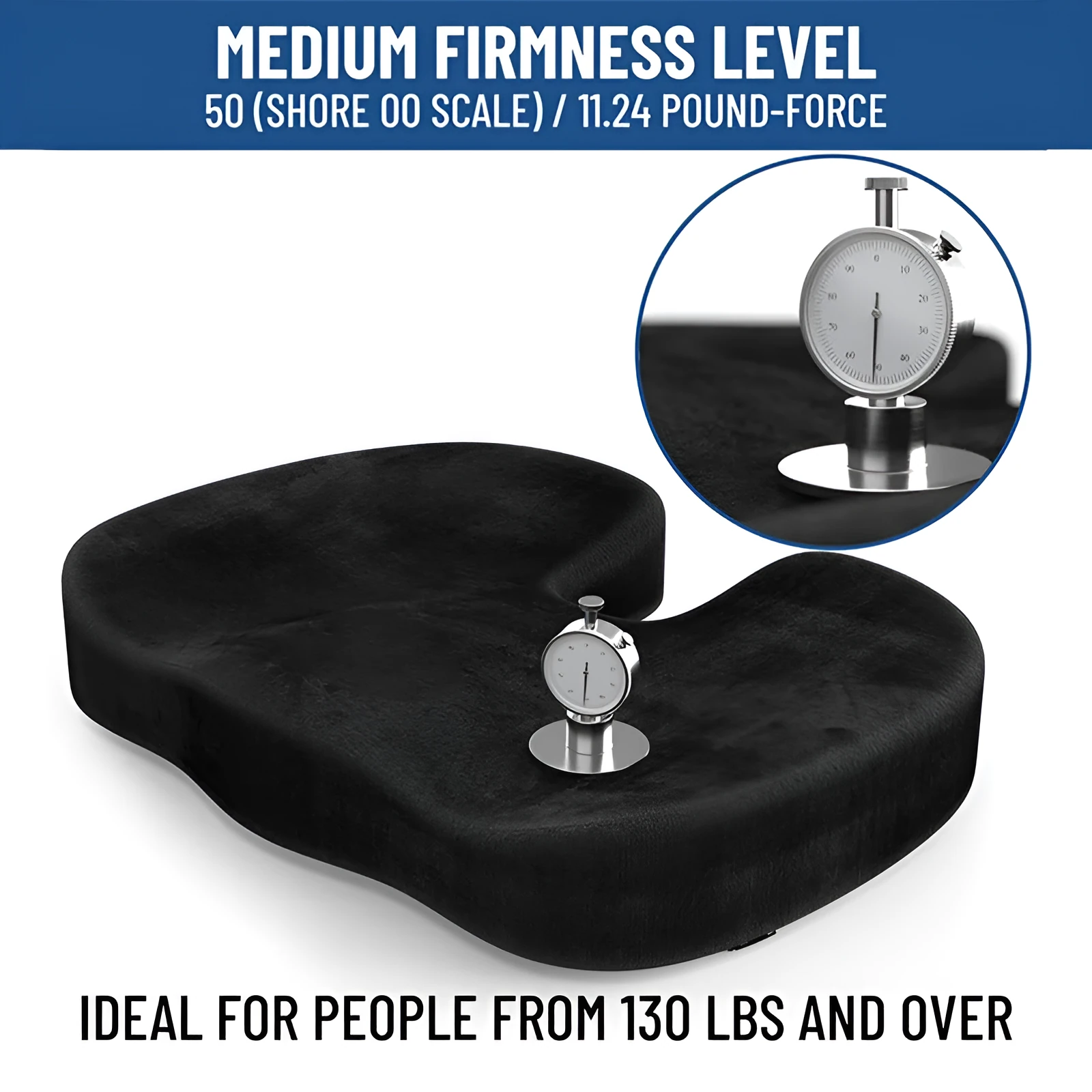 Black U-shaped memory foam seat cushion for office chairs, shown on a wooden seat.