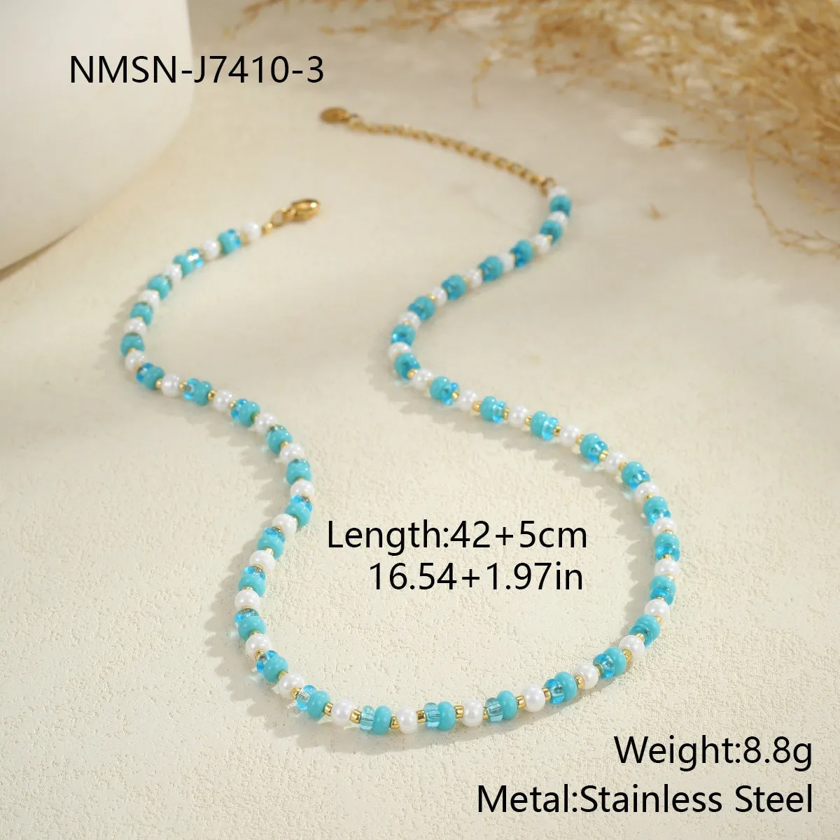 18K gold plated stainless steel geometric chain necklace for women, adjustable 41-50cm, pink or blue colour, fashion OL style, electroplated finish
