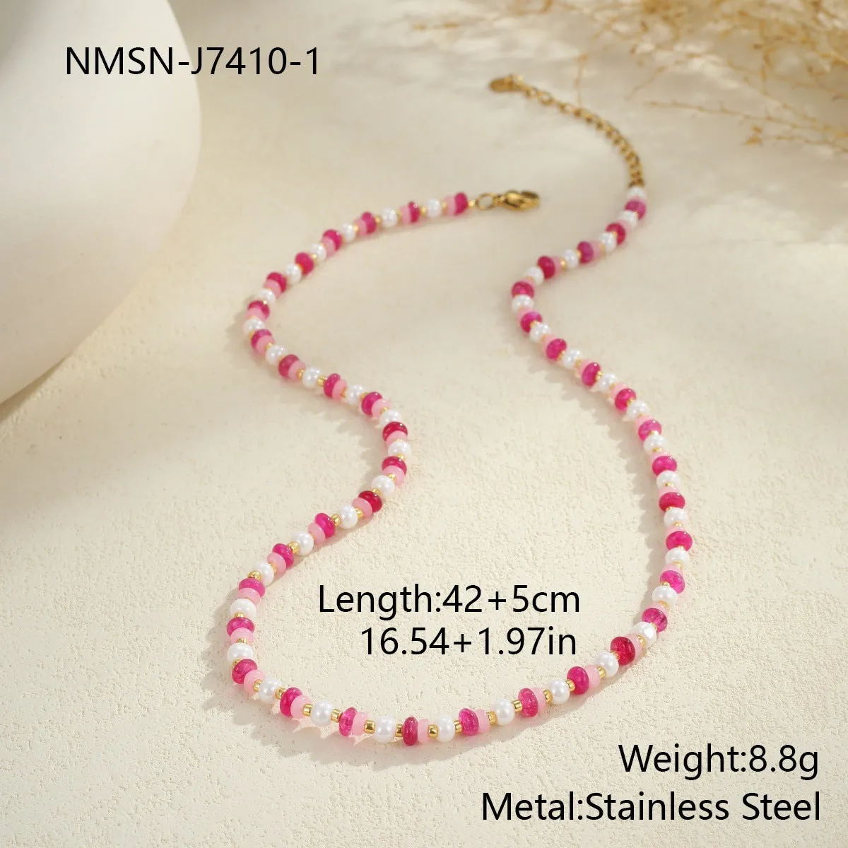 18K gold plated stainless steel geometric chain necklace for women, adjustable 41-50cm, pink or blue colour, fashion OL style, electroplated finish