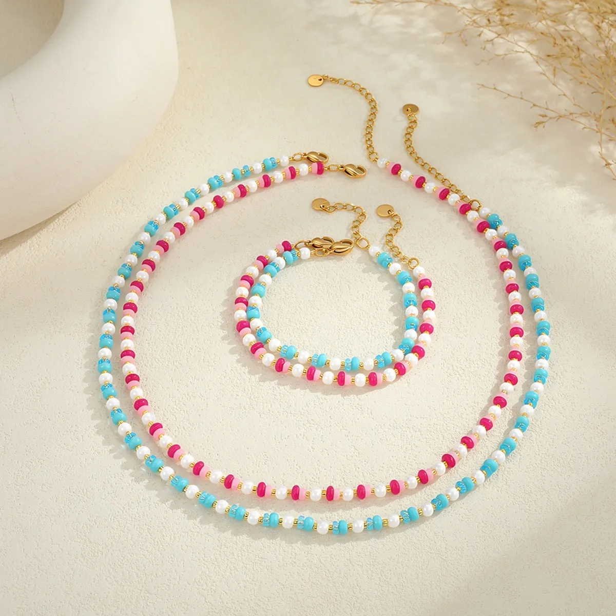 18K gold plated stainless steel geometric chain necklace for women, adjustable 41-50cm, pink or blue colour, fashion OL style, electroplated finish