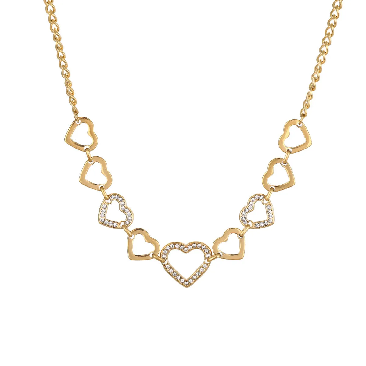 Geometric heart-shaped stainless steel necklace with 18K gold electroplated finish on clavicle chain