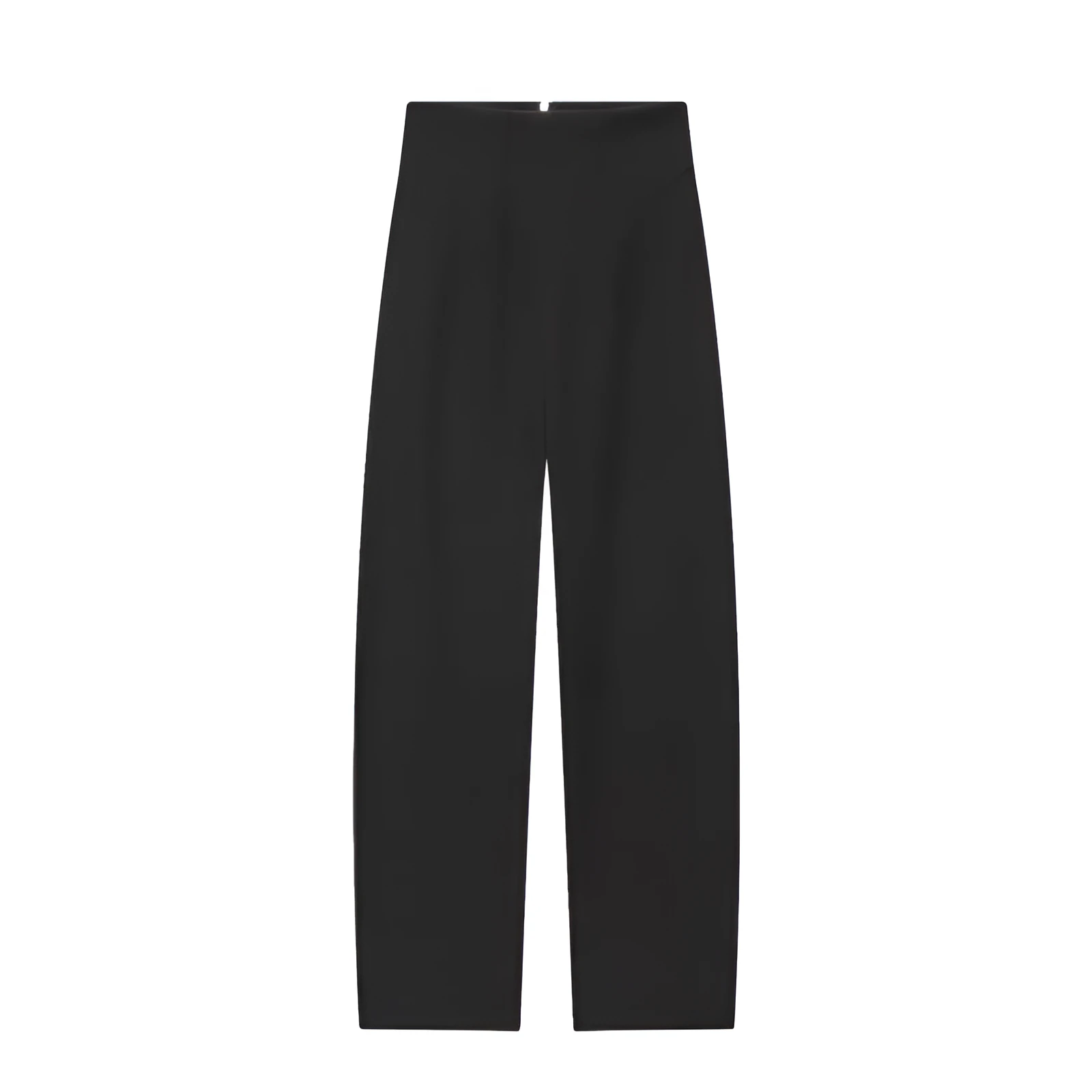 Women's black nylon high-waist zip-front straight-leg trousers on model