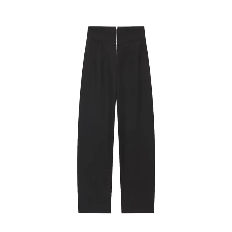 Women's black nylon high-waist zip-front straight-leg trousers on model