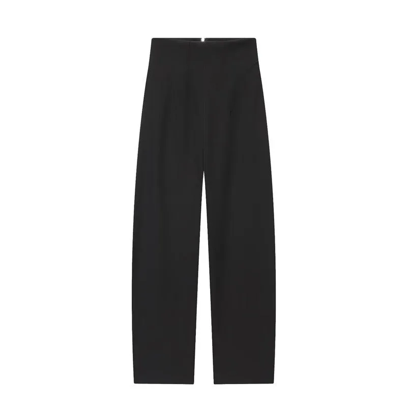 Women's black nylon high-waist zip-front straight-leg trousers on model
