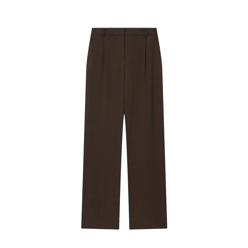 Womens pleated padded shoulder two piece set with straight-leg trousers solid colour polyester loose fit